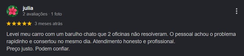 Avaliação 5 estrelas de Julia no Google, contando que outras 2 oficinas não resolveram um barulho no carro e a Semap Car achou o problema e consertou no mesmo dia, com atendimento honesto e preço justo