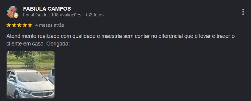 Avaliação 5 estrelas de Fabiula Campos no Google, elogiando atendimento com qualidade e maestria e o diferencial de levar e trazer o cliente em casa