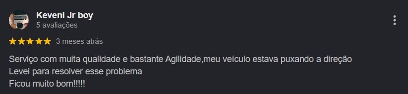 Avaliação 5 estrelas de Keveni Jr boy no Google, elogiando serviço com qualidade e agilidade para resolver o carro que estava puxando a direção